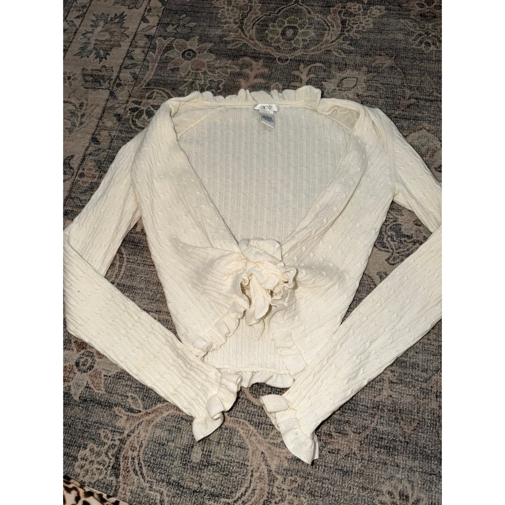 Vintage Y2K Cache Cable Knit Ruffled Cardigan Top White Long Sleeve